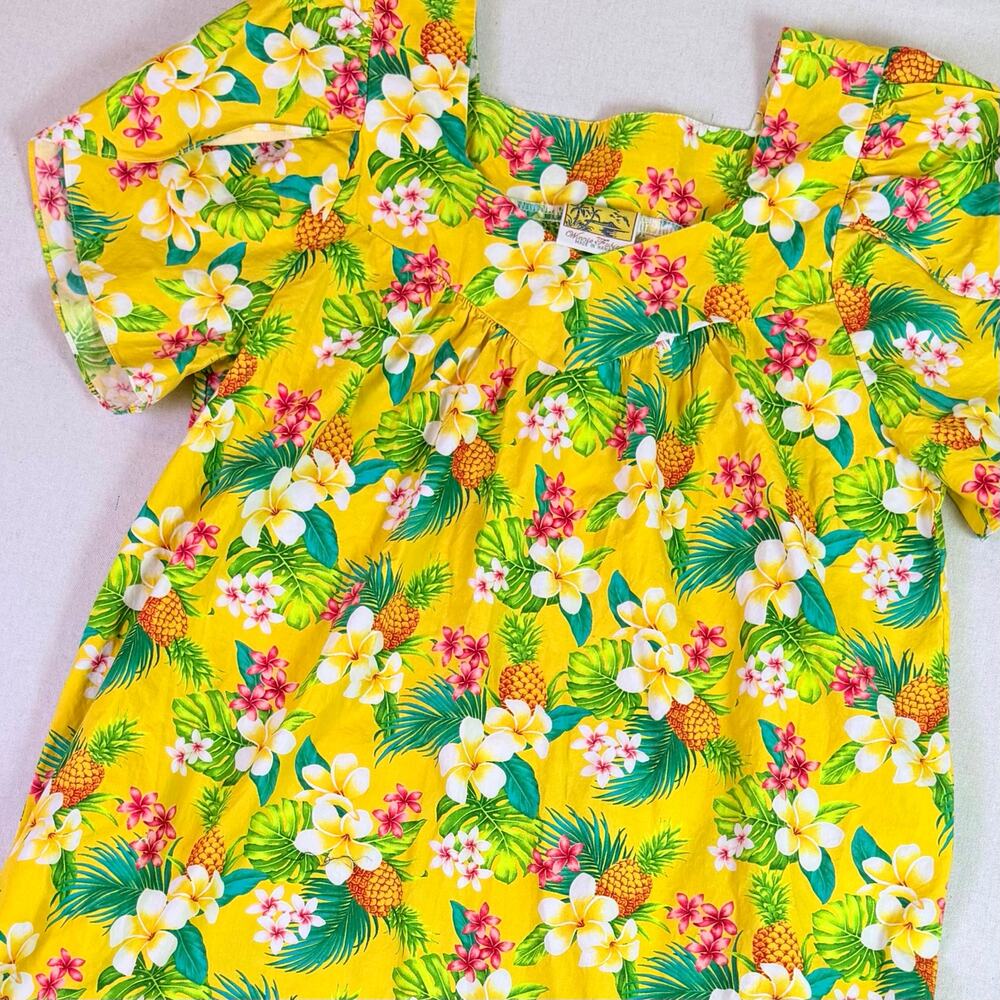 Hawaiian Midi Muumuu House Dress Womens L Yellow Tropical Floral Ruffle Hem